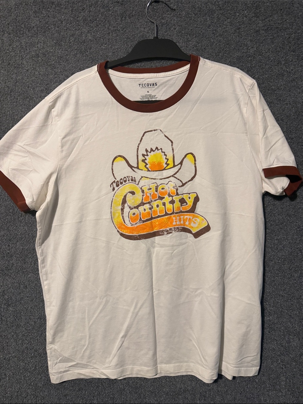 Tecovas Cream Ringer Tee with Brown Trim and Yellow-Orange Graphic